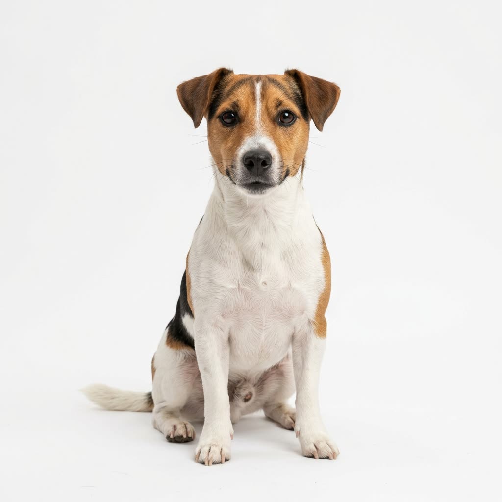 Studioporträt eines gesunden Jack Russell Terriers, sitzend vor hellem Hintergrund, aufmerksam gestellte Kippohren, klare mandelförmige Augen