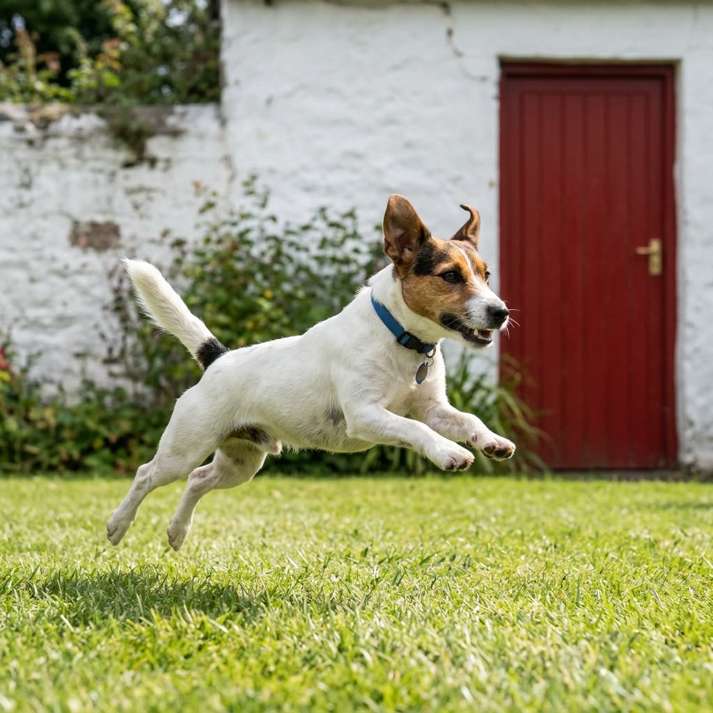 Gesunder Jack Russell Terrier springt über kurzen Rasen vor einer weiß gekalkten Wand mit roter Tür, alle vier Läufe in der Luft, vollständige Rute