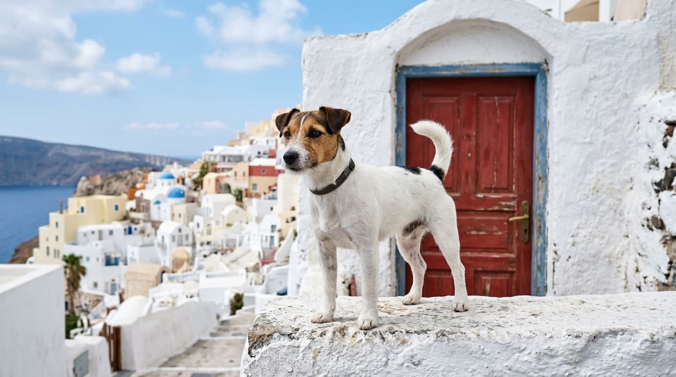 Gesunder Jack Russell Terrier mit normal langen Beinen steht aufmerksam auf einer weiß gekalkten Mauer vor einer roten Tür
